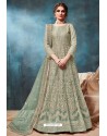 Grayish Green Net Embroidered Party Wear Anarkali Suit