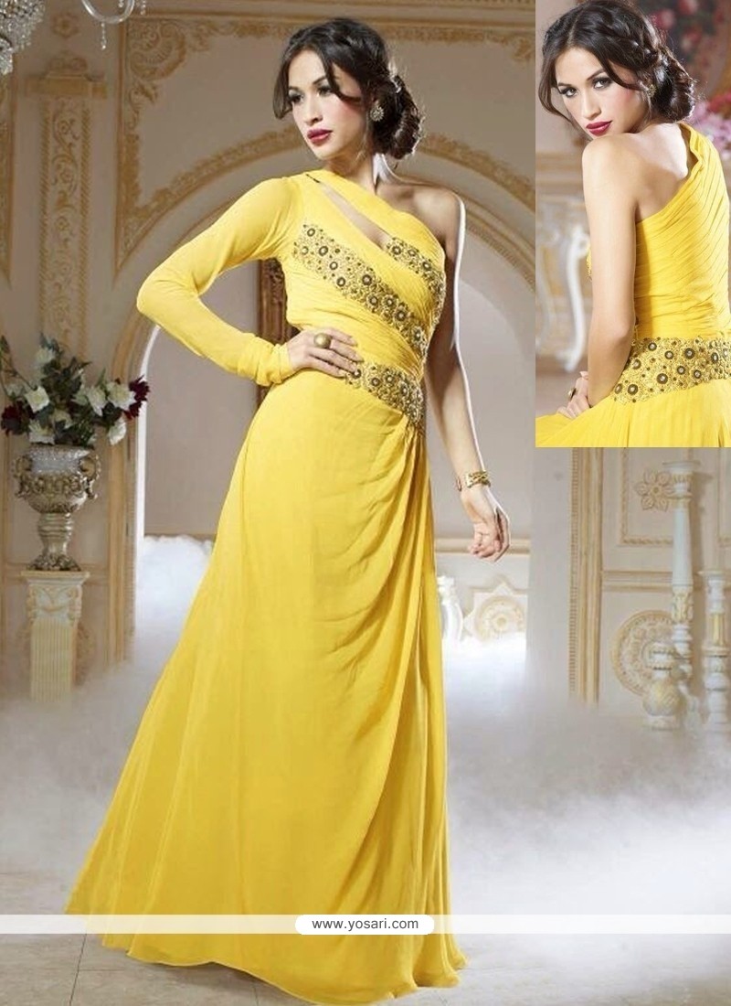 Splendid Yellow Georgette Designer Gown