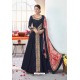 Navy Blue Embroidered Satin Floor Length Suit