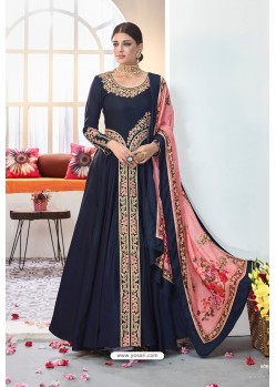 Navy Blue Embroidered Satin Floor Length Suit