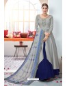 Grey Embroidered Satin Floor Length Suit