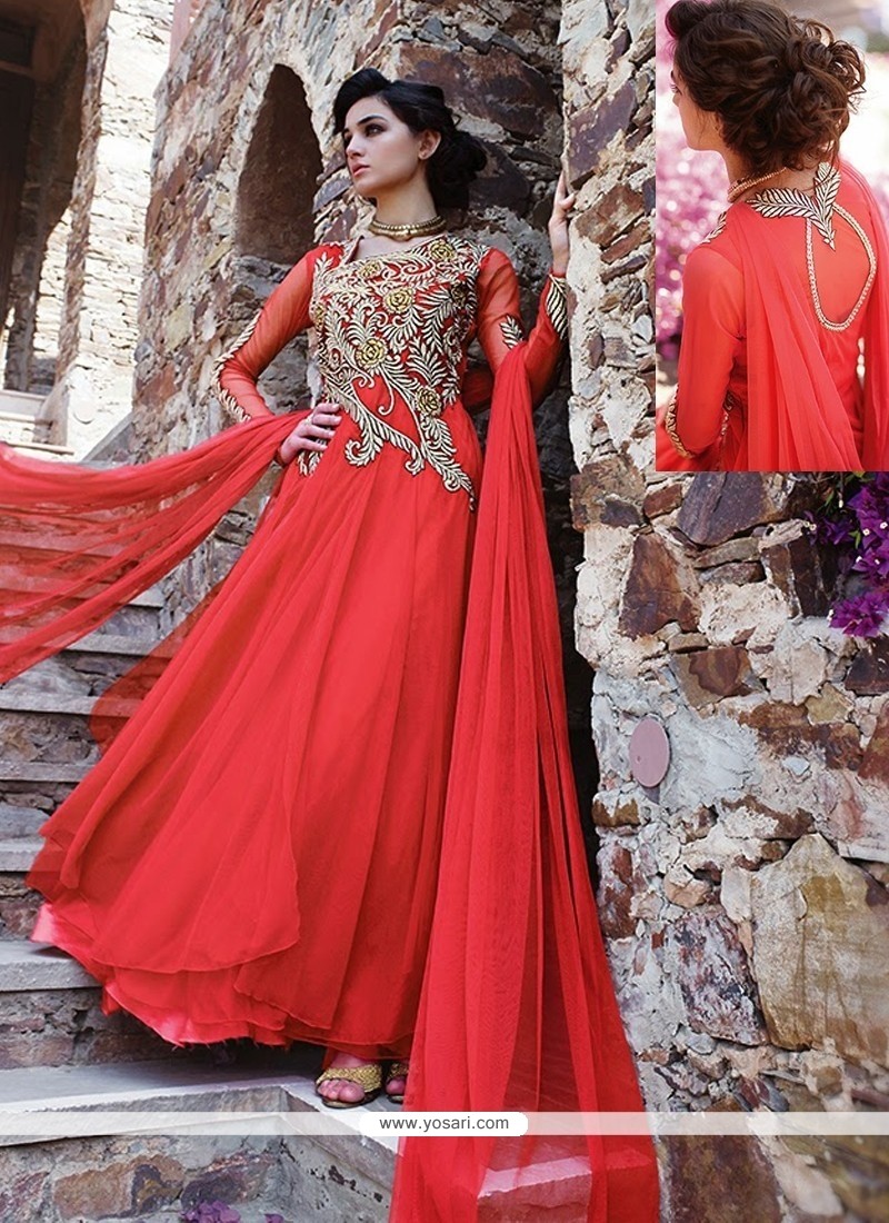 Alluring Red Net Designer Gown