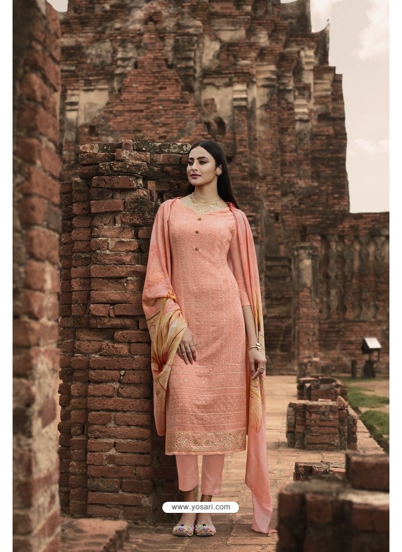 Buy Peach Pure Georgette Lucknowi Embroidered Straight Suit ...