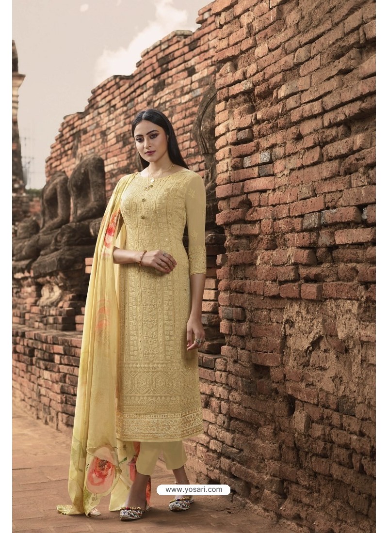 Buy Cream Pure Georgette Lucknowi Embroidered Straight Suit ...