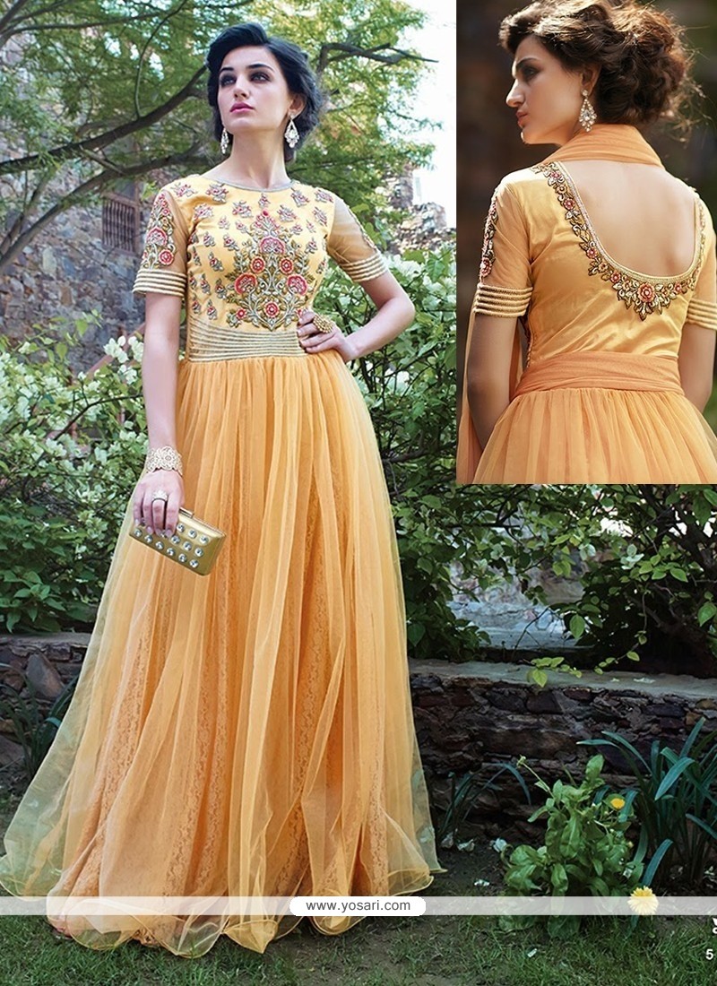 Peach Embroidery Work Net Gown