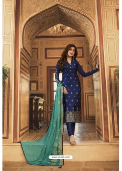 Navy Blue Jacquard Zari Embroidered Straight Suit