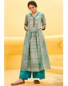 Off White And Turquoise Cotton Satin Printed Kurtis With Palazzo