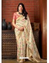 Cream Banarasi Silk Jacquard Worked Designer Saree