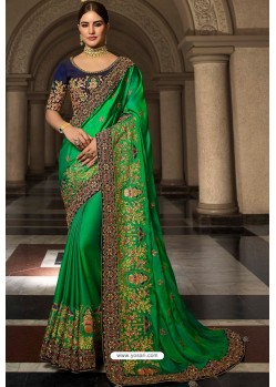 Forest Green Soft Silk Embroidered Designer Wedding Saree