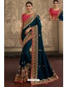 Teal Blue Soft Silk Embroidered Designer Wedding Saree