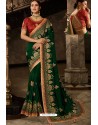 Dark Green Soft Silk Embroidered Designer Wedding Saree