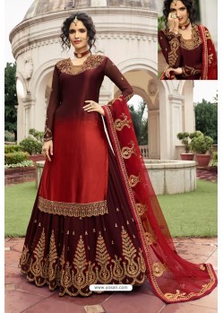 Maroon And Red Satin Georgette Embroidered Designer Lehenga Style Suit