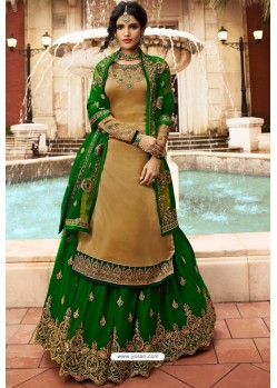Gold And Green Satin Georgette Embroidered Designer Lehenga Style Suit