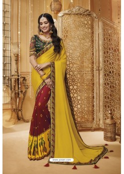 Yellow And Maroon Designer Silk Party Wear Saree