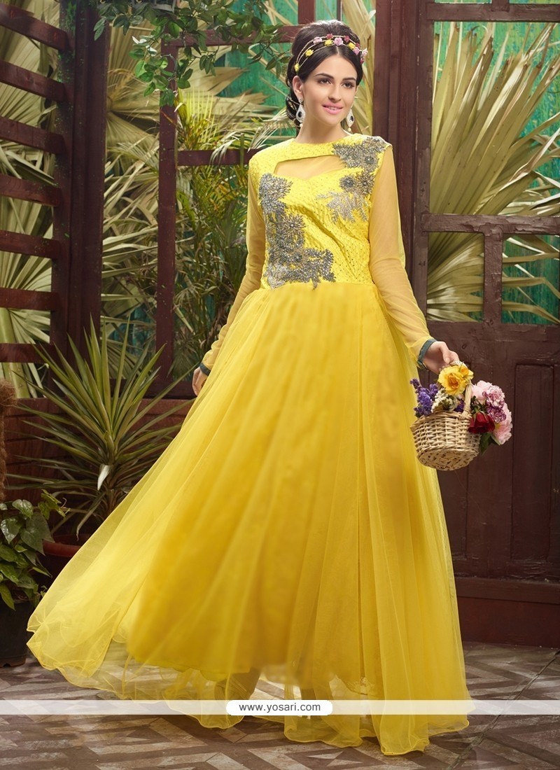 Splendid Yellow Soft Net Designer Gown