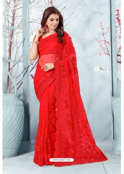 Red Net Resham Embroidery Designer Saree