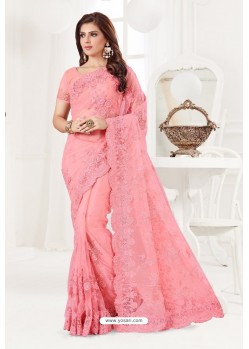 Light Pink Net Resham Embroidery Designer Saree