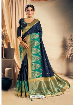 Navy Blue Satin Silk Embroidered Designer Saree