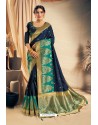 Navy Blue Satin Silk Embroidered Designer Saree