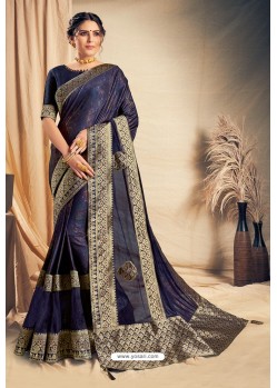 Navy Blue Fancy Silk Weaving Worked Designer Saree