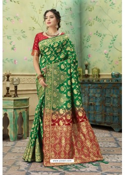 Latest Forest Green Silk Jacquard Work Party Wear Saree