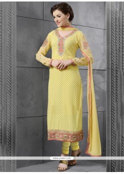 Distinctive Georgette Yellow Embroidered Work Churidar Salwar Kameez