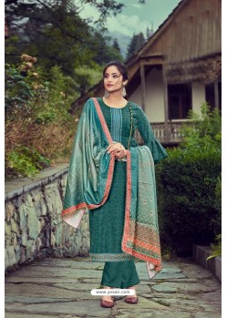 Teal Wool Pashmina Self Embroidered Straight Suit