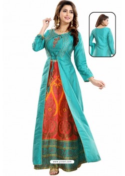 Turquoise Bamboo Silk Jacquard Work Anarkali Suit