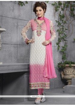 Debonair Georgette Pink And White Lace Work Churidar Salwar Kameez