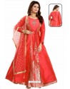 Excellent Red Bamboo Silk Jacquard Work Anarkali Suit