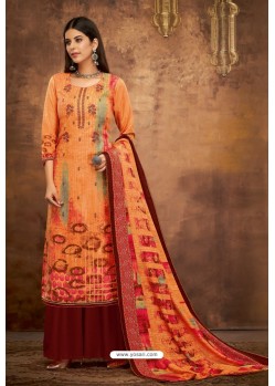 Orange Pure Pashmina Jacquard Printed Palazzo Suit