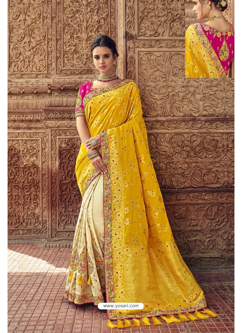 Yellow And Cream Designer Traditional Silk Saree