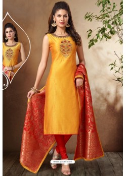 Yellow Banarasi Chanderi Hand Embroidered Designer Churidar Suit