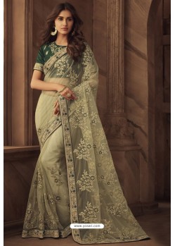 Off White Net Heavy Designer Embroidered Saree