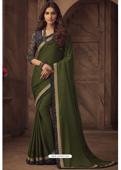 Latest Mehendi Silk Heavy Designer Embroidered Saree