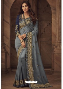 Grey Silk Heavy Designer Embroidered Saree