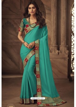 Turquoise Silk Heavy Designer Embroidered Saree