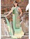 Celestial Cotton Satin Cream And Green Embroidered Work Designer Palazzo Suit