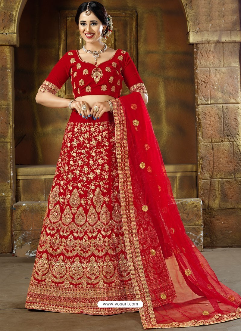 Buy Red Velvet Stone Worked Wedding Lehenga Choli | Wedding Lehenga Choli