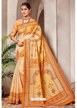 Cream Silk Printed Saree