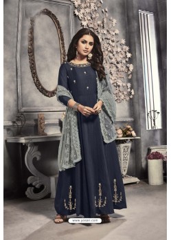 Navy Blue Viscose Embroidered Work Party Wear Gown Suit