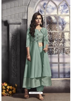 Grayish Green Satin Foil Embroidered Work Party Wear Gown Suit
