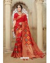 Red Banarasi Weaving Silk Jacquard Worked Saree