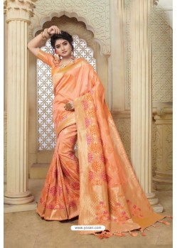 Peach Banarasi Weaving Silk Jacquard Worked Saree