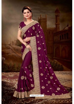 Purple Crepe Chiffon Heavy Embroidered Party Wear Saree