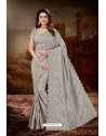 Silver Silk Heavy Embroidered Party Wear Saree