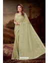 Olive Green Net Heavy Embroidered Party Wear Saree