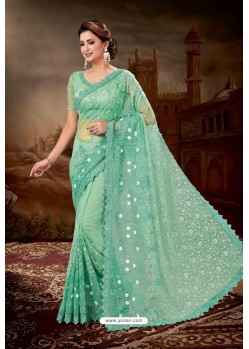 Jade Green Net Heavy Embroidered Party Wear Saree