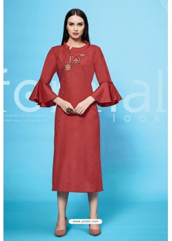 Red Embroidered Cotton Kurti