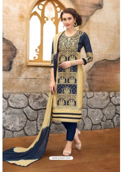Beige And Blue Cotton Embroidered Straight Suit